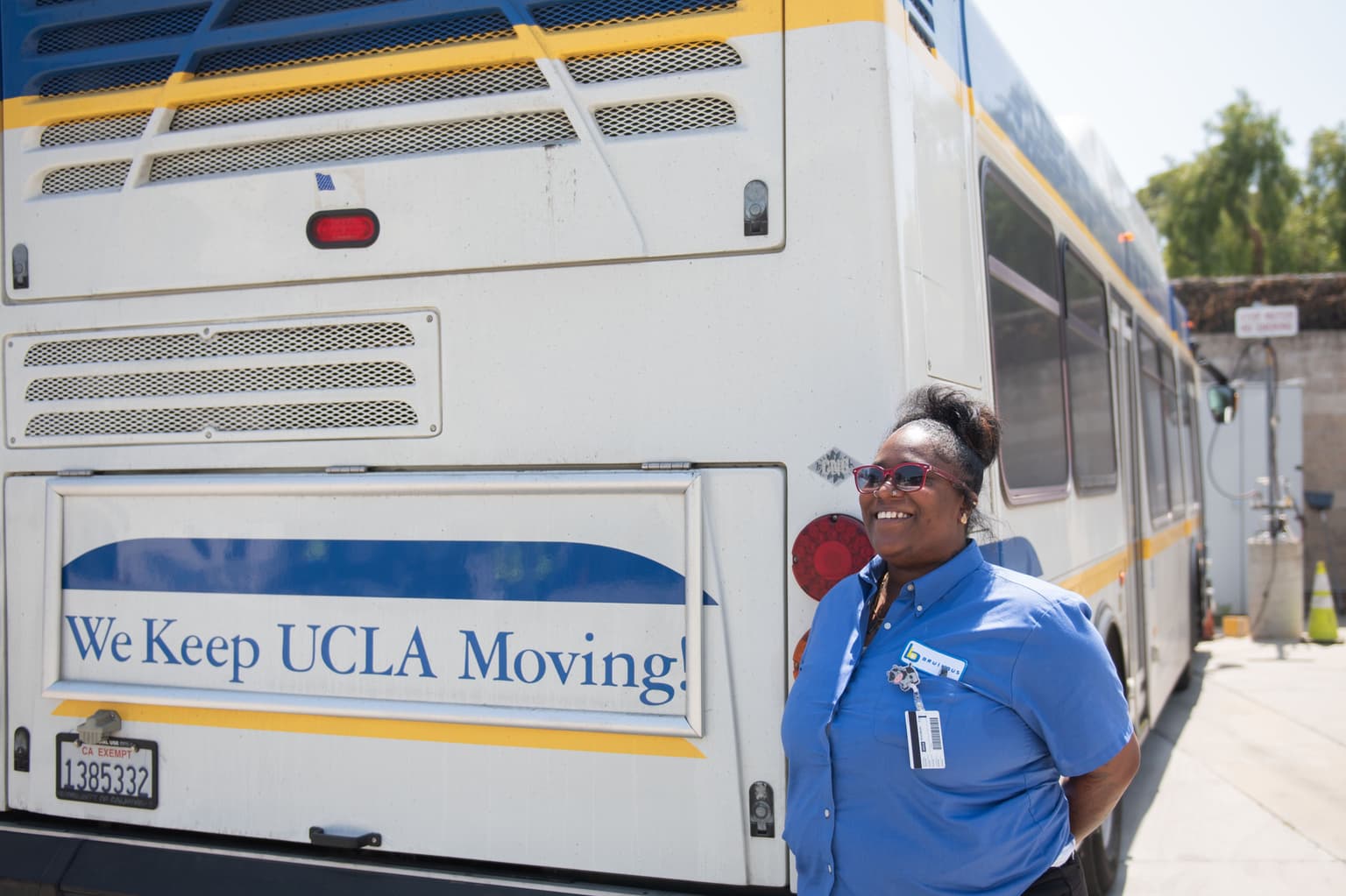 a Bruin bus with driver on UCLA campus