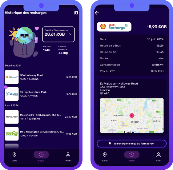 How to see your charging history and receipts in the Electroverse app