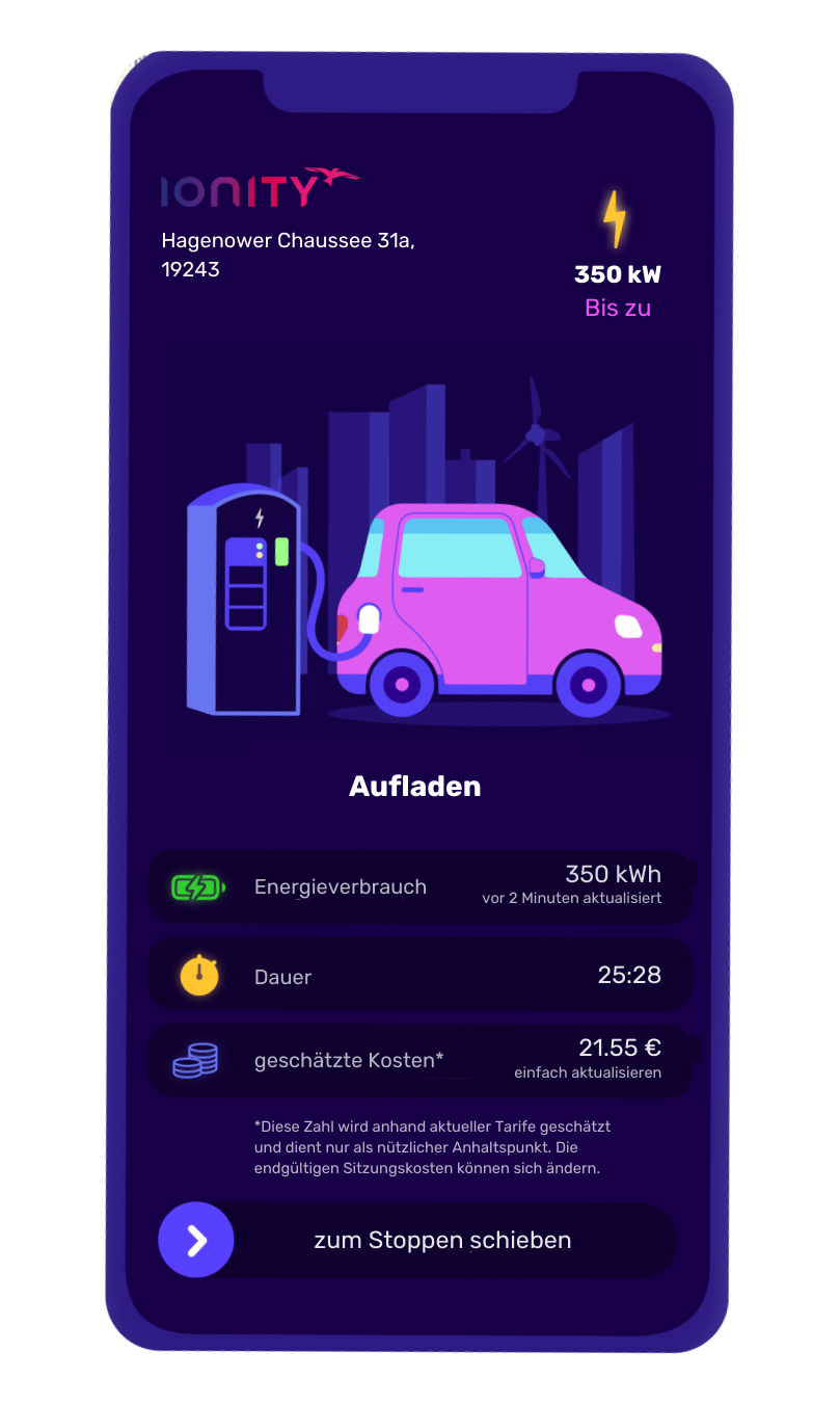 Octopus Electroverse in app charging screen for an IONITY location in Germany