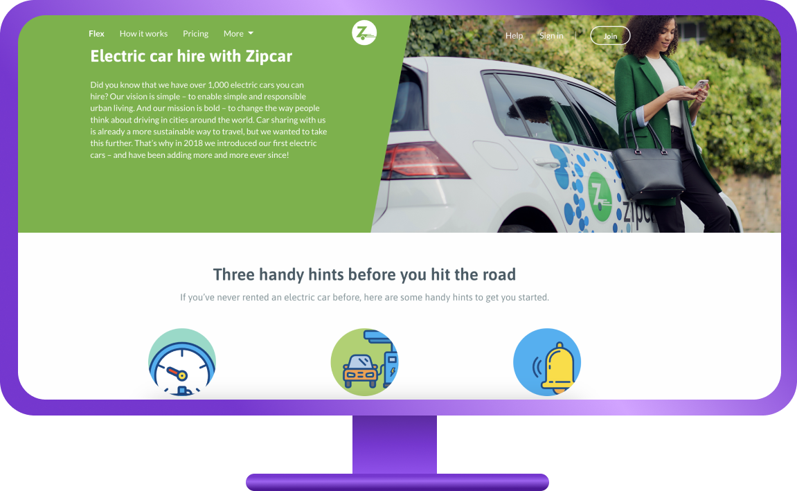 zipcar electric car hire page