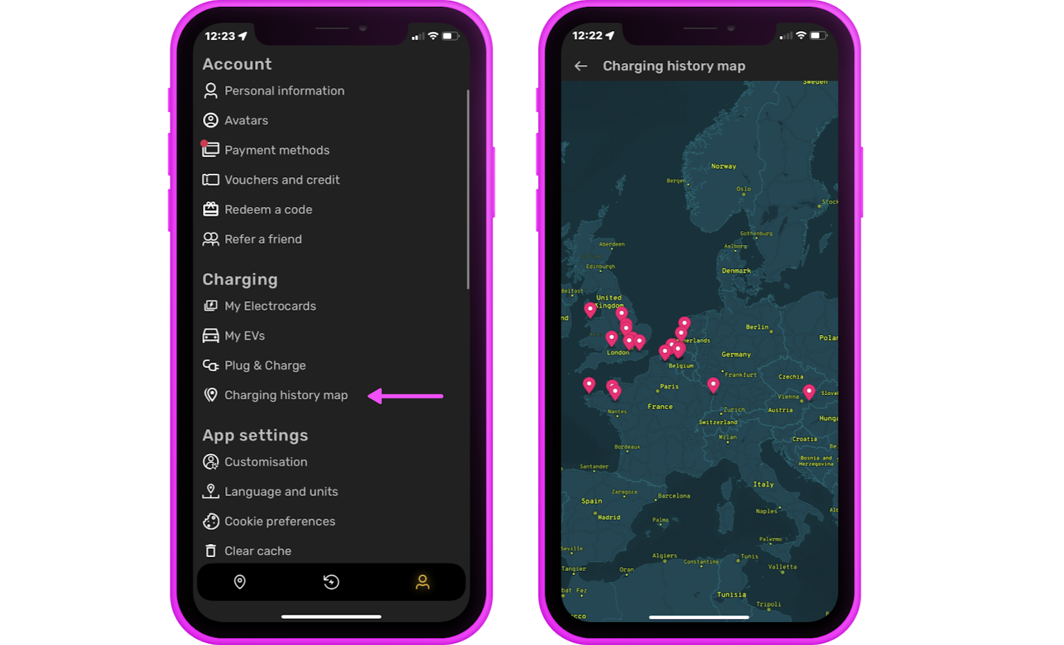 Charging history map app screenshots