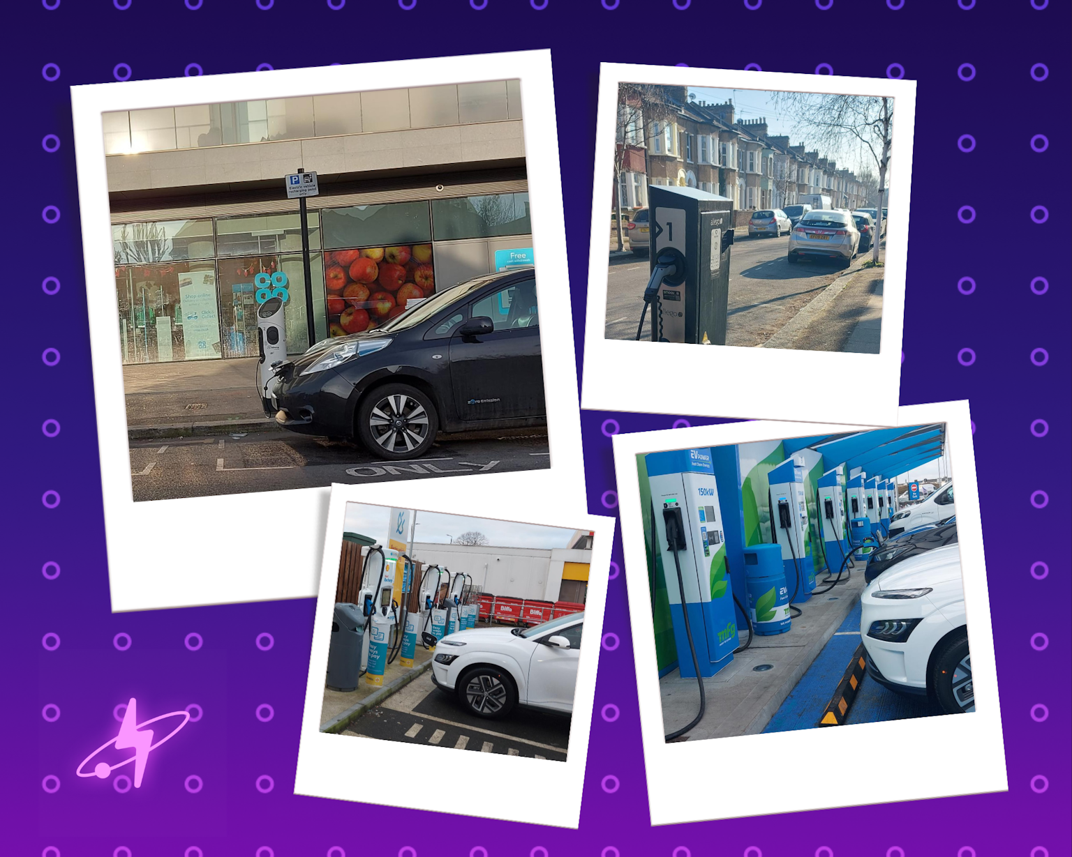 4 polaroids of different ev charging stations