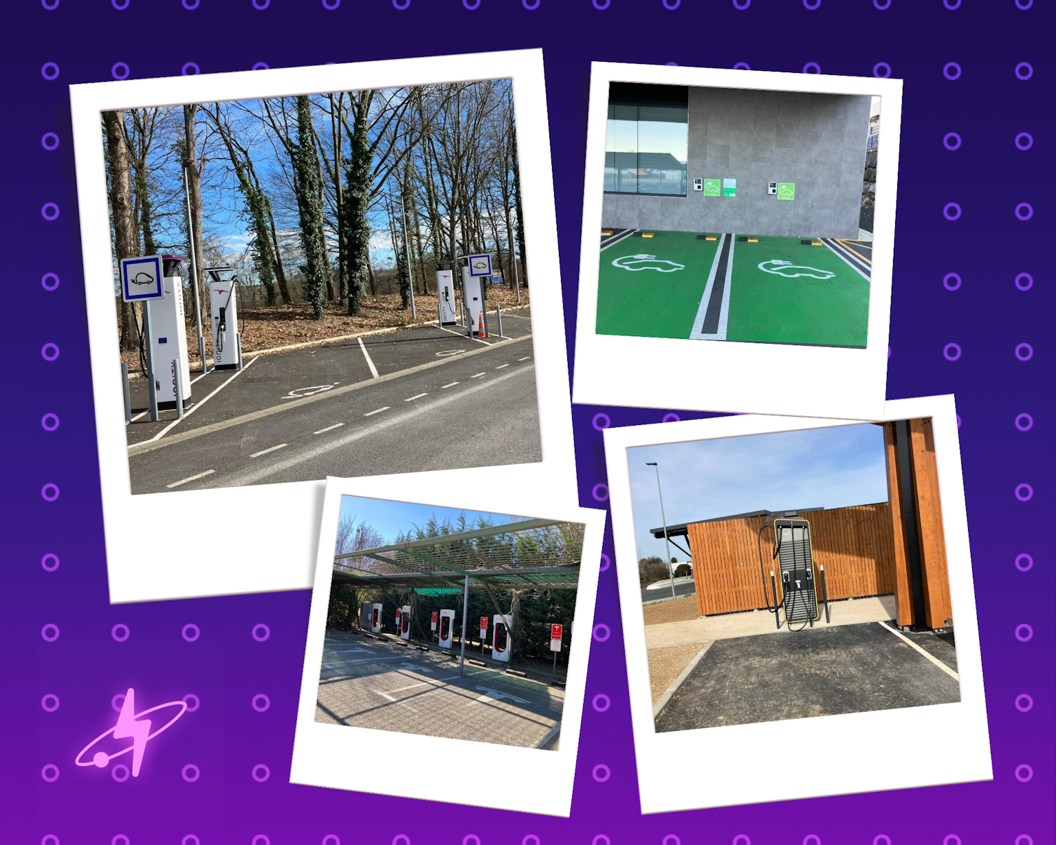 4 polaroids of different ev charging stations