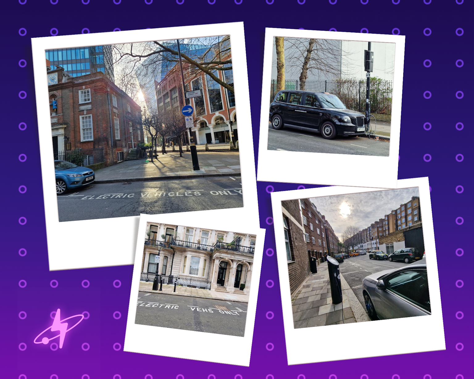 4 polaroids of different ev charging stations across london