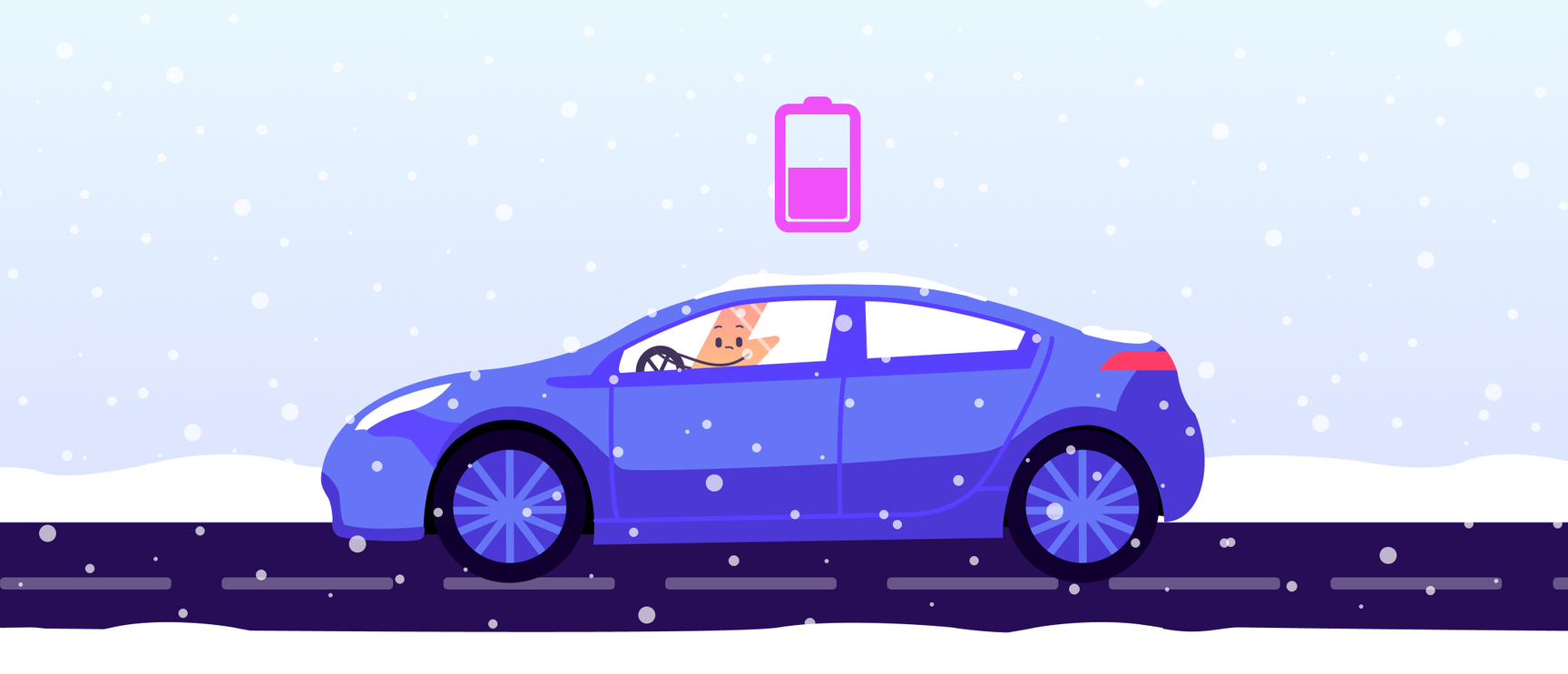Image shows Zapman, the Electric Universe mascot, driving an electric car in the winter