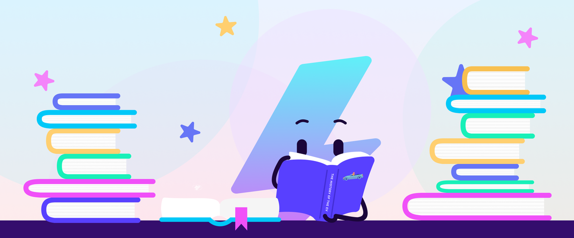 Image shows Zapman, Electric Universe mascot, reading books on the history of the electric vehicle