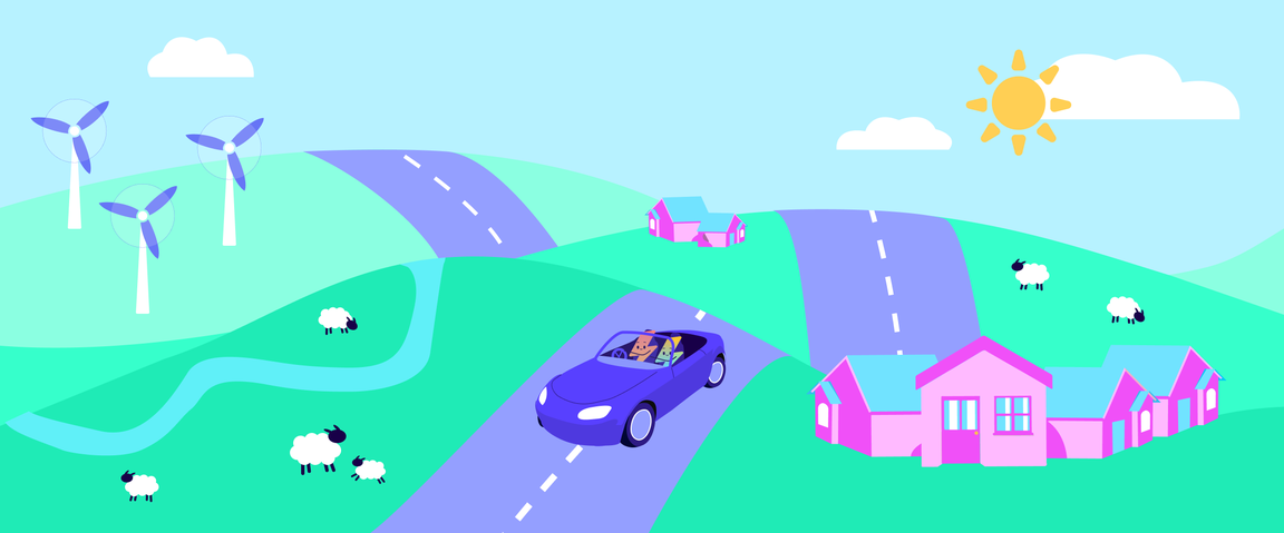 Drawing of an electric vehicle driving through the countryside