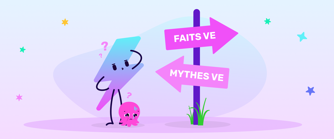 Image of Octopus Electroverse mascot, Zapman, looking confused at a road sign which reads EV Facts or EV Myths in french