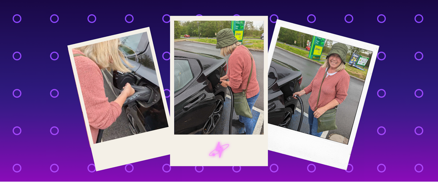 polaroid photos of a woman using an EV charger for the first time