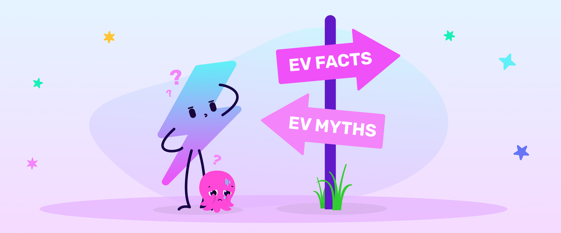 Image of Octopus Electroverse mascot, Zapman, looking confused at a road sign which reads EV Facts or EV Myths