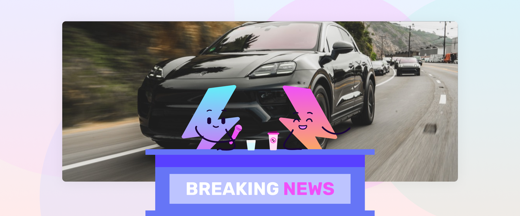 A blog feature image featuring an animated news desk with two bolt characters as hosts. A Porsche Maycan EV is the topic of conversation according to the highlight image in the background