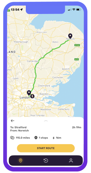norwich - stratford, london, mobile route planner app phone screen
