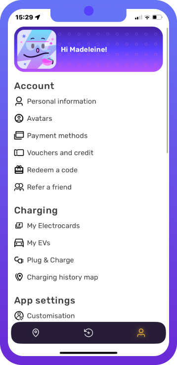 profile on electroverse app phone screenshot