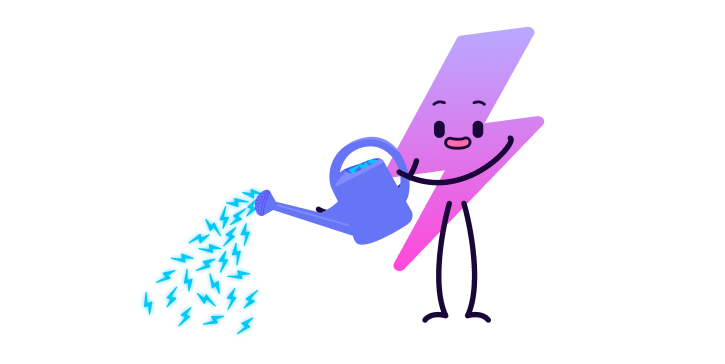 Zapman, Electric Universe mascot, is using a watering can, where small electric droplet appear instead of water