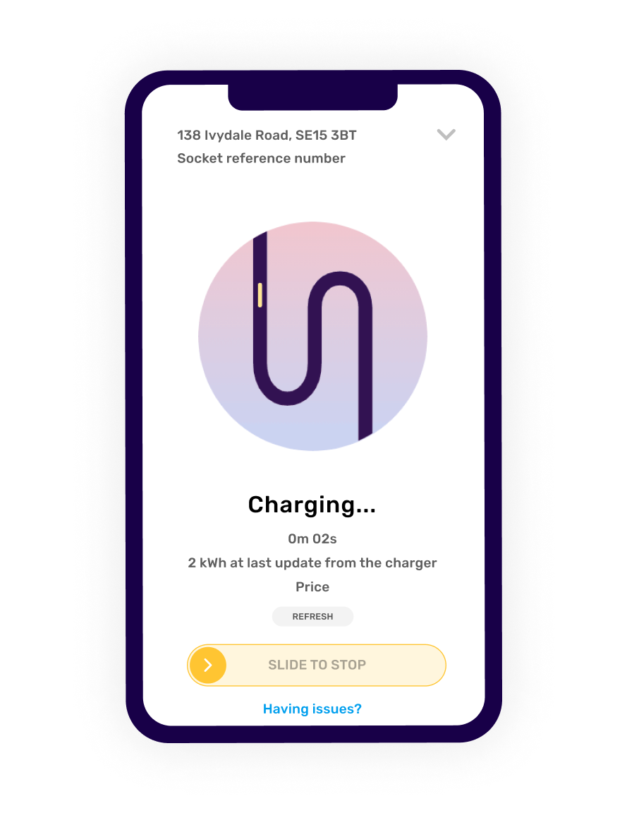 Electric Universe app showing the in-app charging process screen